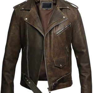 Men’s Brown Belted Motorcycle Leather Jacket