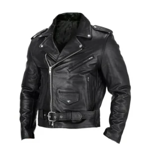 Men’s Black Belted Leather Motorcycle Jacket