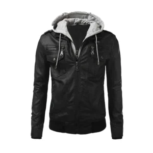 Men’s Black Biker Hood Leather Jacket