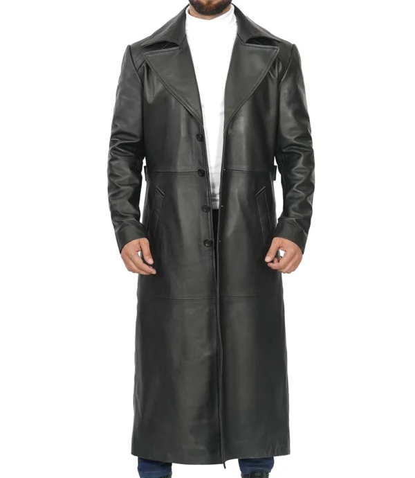 Men Black Leather Duster product image from front