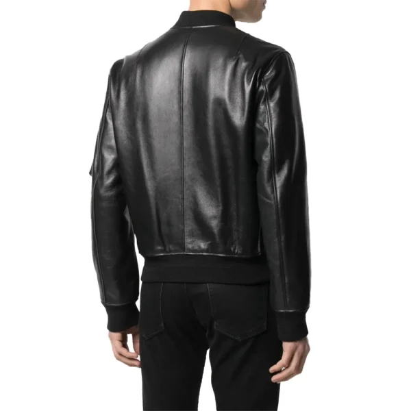 Men Black MA-1 Bomber Leather Jacket product image from back