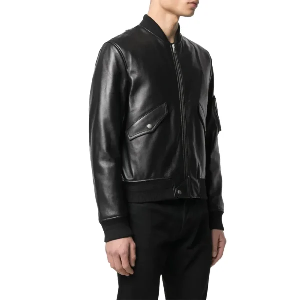 Men Black MA-1 Bomber Leather Jacket product image from front