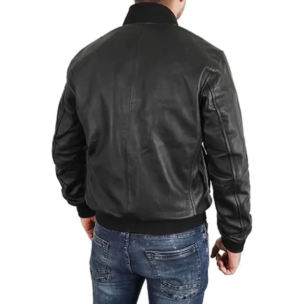 Men Black MA 1 Flight Bomber Leather Jacket product image from back