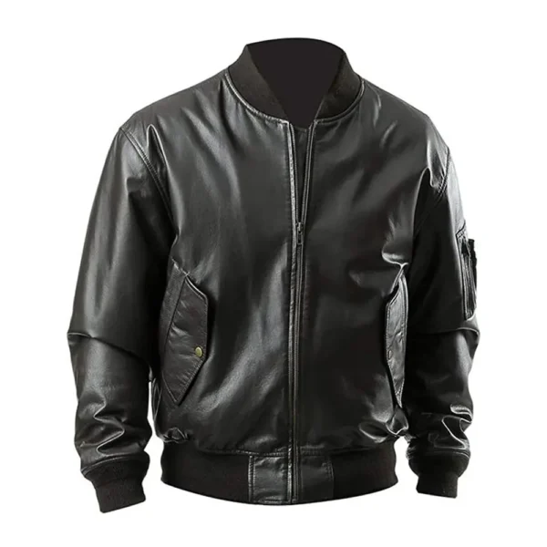 Men Black MA 1 Flight Bomber Leather Jacket product image from front