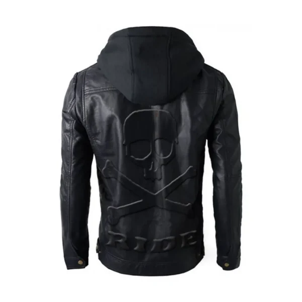 Men Black Motorcycle Hooded Leather Jacket product image from back