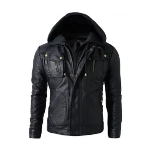 Men’s Black Motorcycle Hooded Leather Jacket