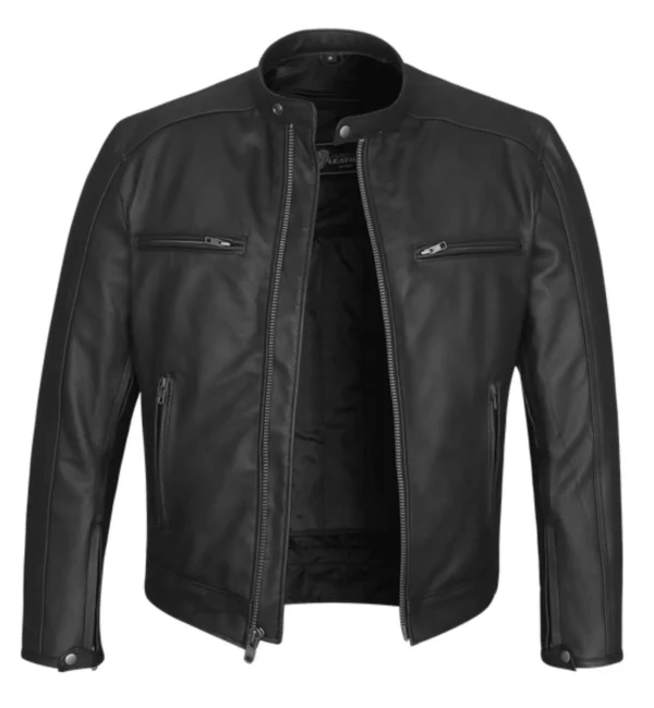 Men Black Motorcycle Leather Jacket product image with zipper open.