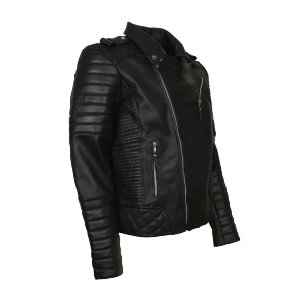 Men Black Padded Biker Cowhide Leather Jacket product image from front