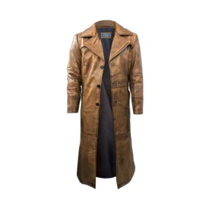 Men’s Brown Distressed Leather Duster Trench Coat