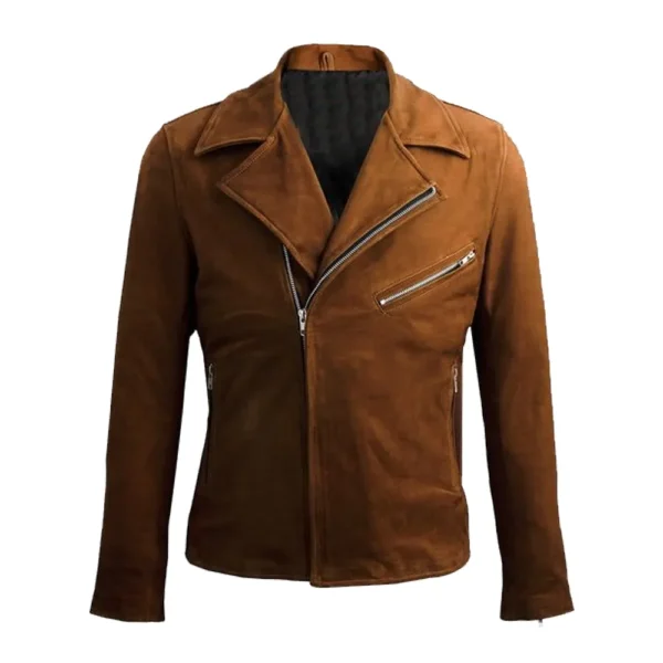 Men Brown Double Rider Suede Leather Jacket product image from front