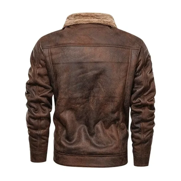 Men Brown Fur Collar Vintage Leather Jacket product image from back