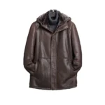 Men Brown Fur Shearling Hooded Leather Coat product image from front