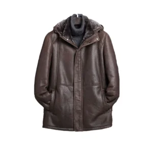 Men’s Brown Fur Shearling Hooded Leather Coat