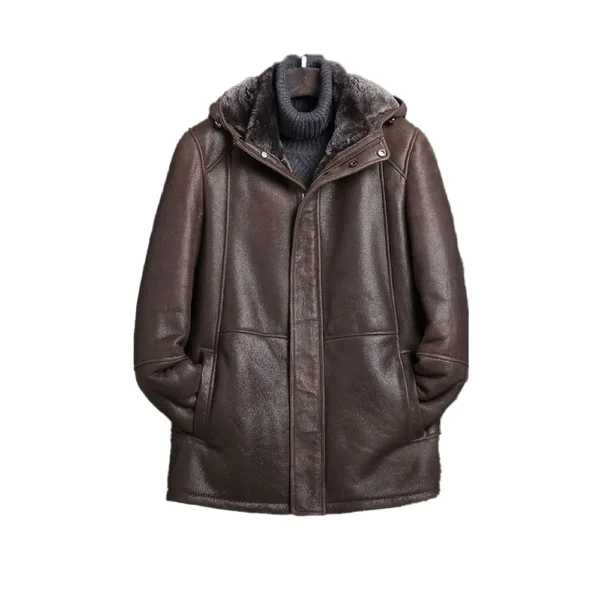 Men Brown Fur Shearling Hooded Leather Coat product image from front