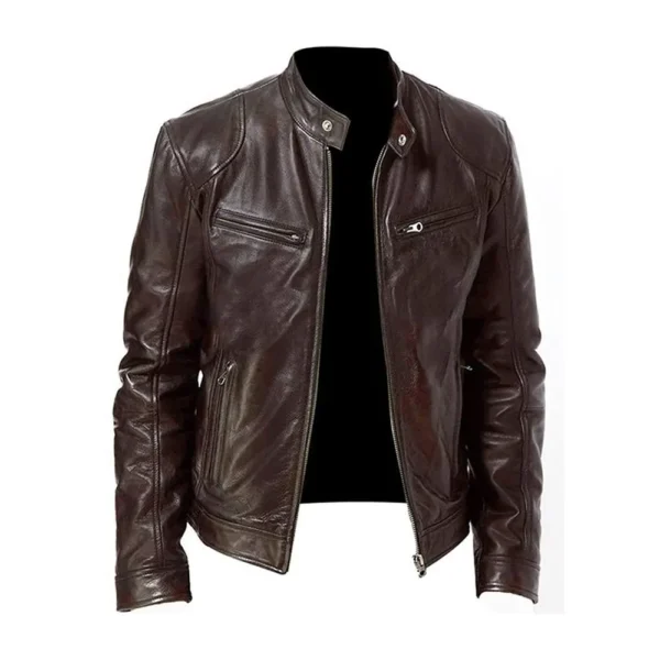 Men Brown Leather Bomber Jacket product image from front