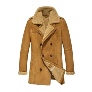 Men’s Brown Shearling Sheepskin Leather Pea Coat