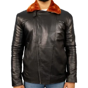 Men’s Black Aviator Bomber Fur Shearling Sheepskin Leather Jacket