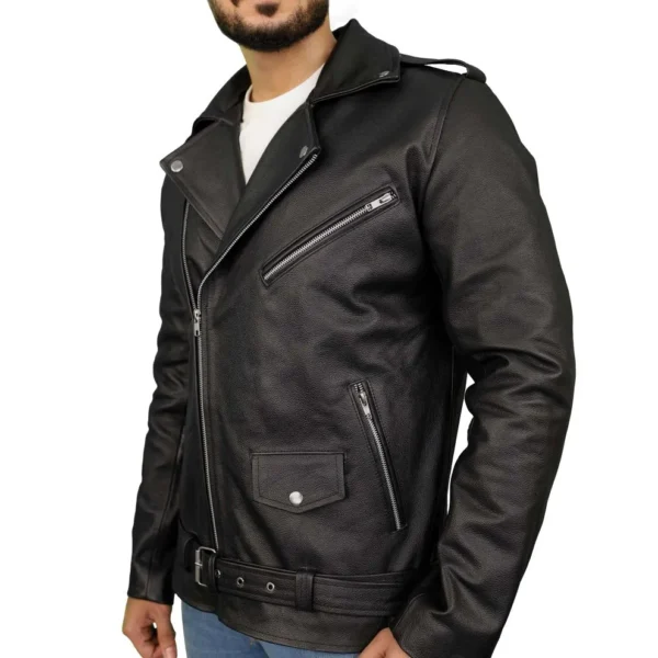 Men's Black Belted Leather Motorcycle Jacket - Image 2