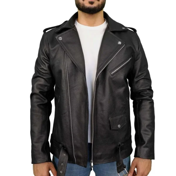Men's Black Belted Leather Motorcycle Jacket - Image 3