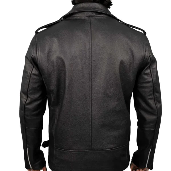 Men's Black Belted Leather Motorcycle Jacket - Image 4
