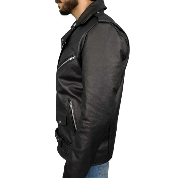 Men's Black Belted Leather Motorcycle Jacket - Image 5