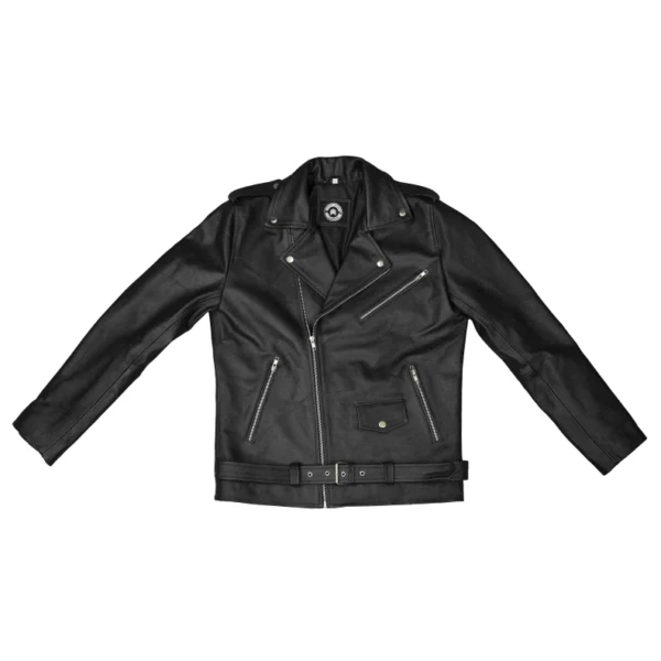 Men's Black Belted Leather Motorcycle Jacket - Image 6