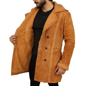 Men’s Brown Shearling Sheepskin Leather Pea Coat