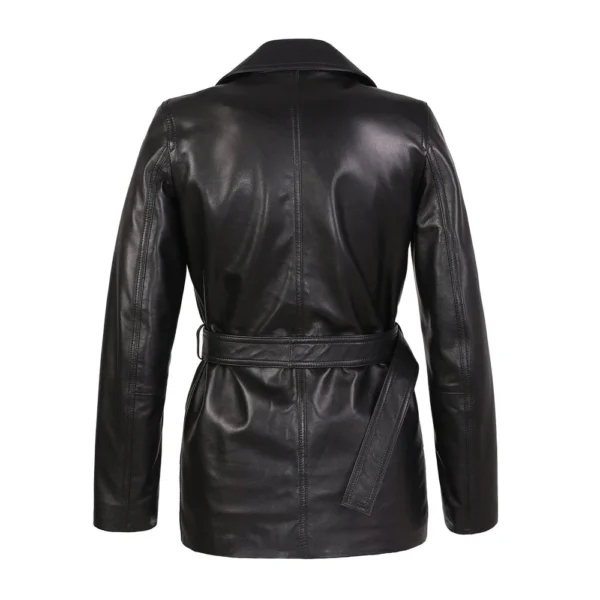 Women Black Belted Leather Coat product image from back