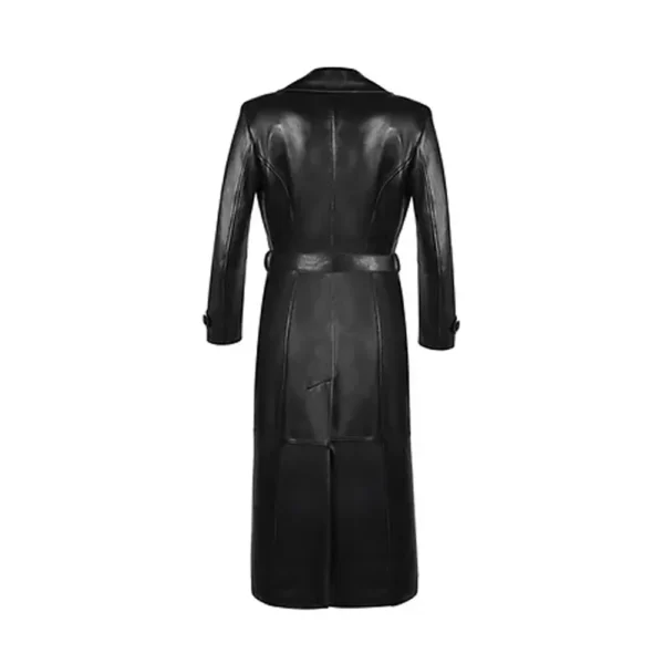 Women Black Belted Leather Long Coat product image from back