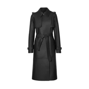 Women’s Black Belted Plain Leather Long Coat