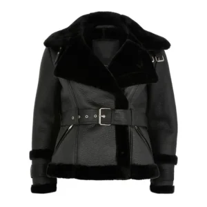 Women’s Black Belted Shearling Aviator Leather Jacket