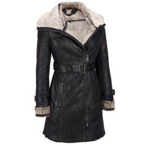 Women’s Black Belted Shearling Leather Coat