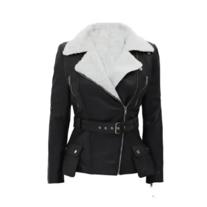 Women’s Black Belted Shearling Sheepskin Leather Jacket