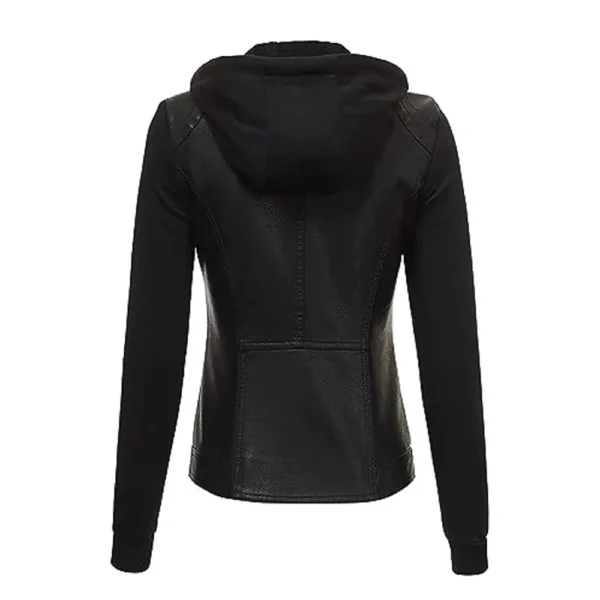 Women Black Biker Hooded Leather Jacket product image from back