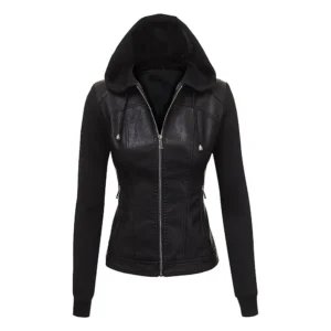 Women’s Black Biker Hooded Leather Jacket