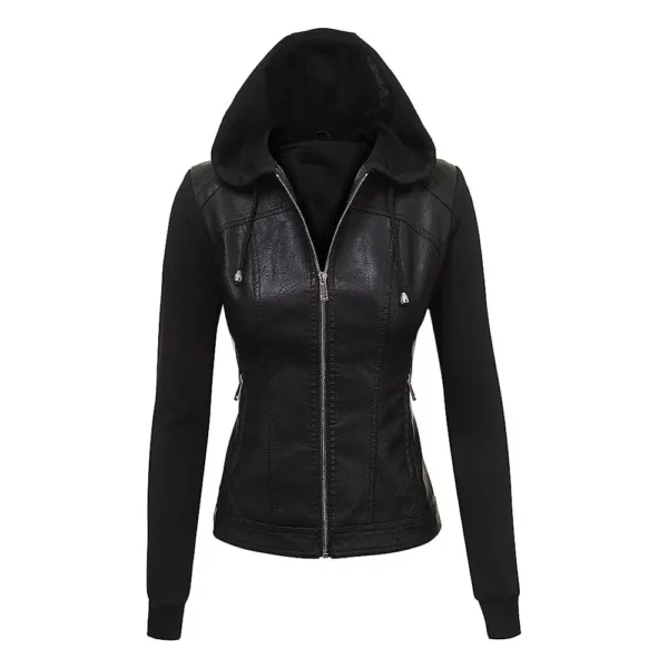 Women Black Biker Hooded Leather Jacket product image from front