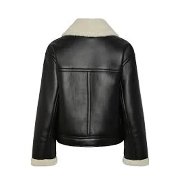 Women Black Biker Shearling Aviator Leather Jacket product image from back