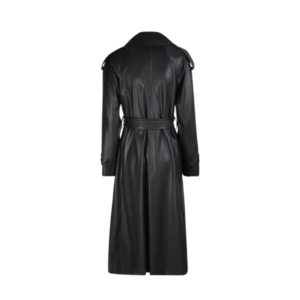 Women Black Double Breasted Belted Leather Coat product image from back