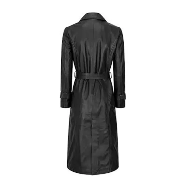 Women Black Double Breasted Leather Coat product image from back