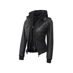 Women’s Black Hooded Leather Bomber Jacket