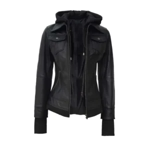 Women’s Black Hooded Leather Jacket