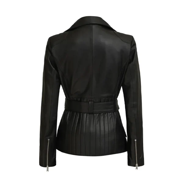 Women Black Lambskin Belted Leather Jacket product image from back