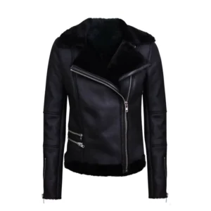 Women’s Black Merino Shearling Sheepskin Aviator Leather Jacket