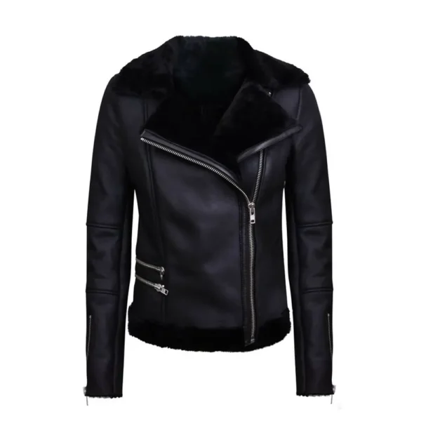 Women Black Merino Shearling Sheepskin Aviator Leather Jacket product image from front