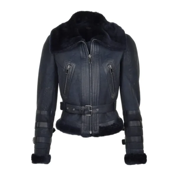 Women Black Sheepskin Leather Bomber Fur Jacket product image from front