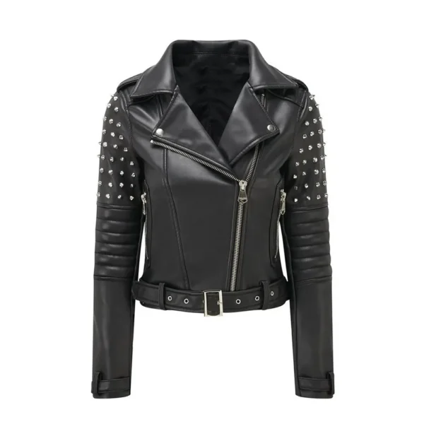 Women Black Vegan Leather Bomber Jacket product image from front