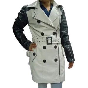 Women’s Black & White Belted Leather Trench Coat