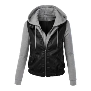 Women’s Black & Grey Hooded leather Jacket