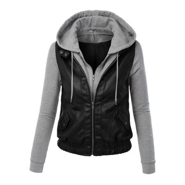 Women Black & White Hooded Faux leather Jacket product image from front