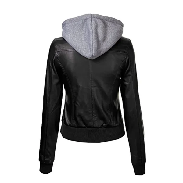 Women Black Zip Hooded Leather Jacket product image from back